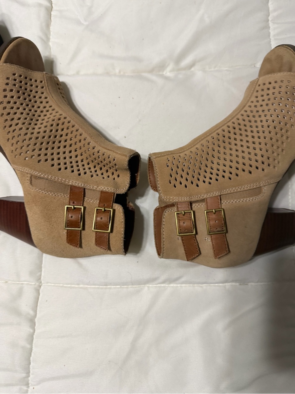 Vionic Tan Suede Perforated Peep-Toe Booties with Side Buckle - Picture 7 of 8